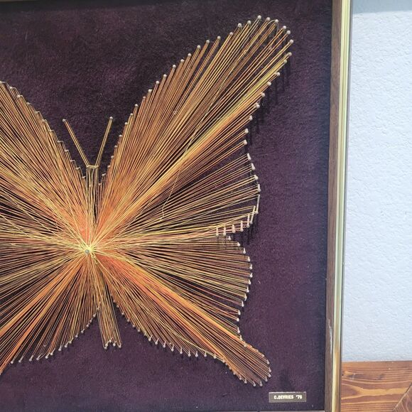 VTG MCM 3D Butterfly String Art 18.5x18.5” Copper Colored Thread Brown Velvet - Picture 3 of 14